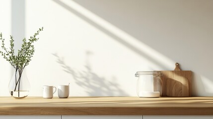 Minimalist countertop scene for showcasing products. Japanese-inspired branding with a vibrant wooden counter, a verdant counter, and a cozy white wall. A glass vase and a mug are elegantly arranged