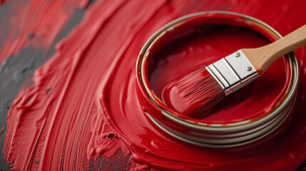 Banner with open can of paint with brushe on them on bright symmetry background. Top view lay flat paint brush laying on paint can