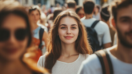 Obraz premium Wśród tłumu na ulicy, pełnego różnorodnych twarzy i emocji, na pierwszy plan wysuwa się kobieta, która z uśmiechem spogląda w obiektyw. 