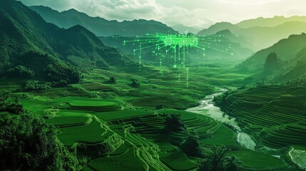 Green mountains and rice paddies with a digital network overlay, representing digital transformation in nature.