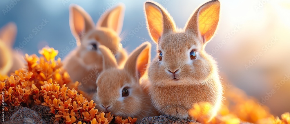 Poster  A group of rabbits seated together atop an orange flower field under a sunny day