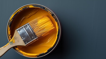 Banner with open can of paint with brushe on them on bright symmetry background. Top view lay flat paint brush laying on paint can