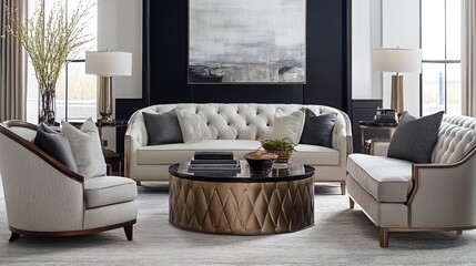 Modern living room d&eacute;cor featuring stylish furniture, elegant accents, and a sophisticated color scheme that exudes comfort and sophistication. 