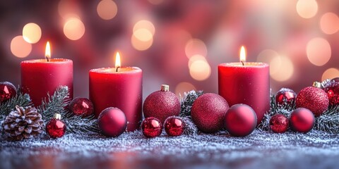 Red candles are lit and surrounded by shiny ornaments and pinecones in a festive arrangement