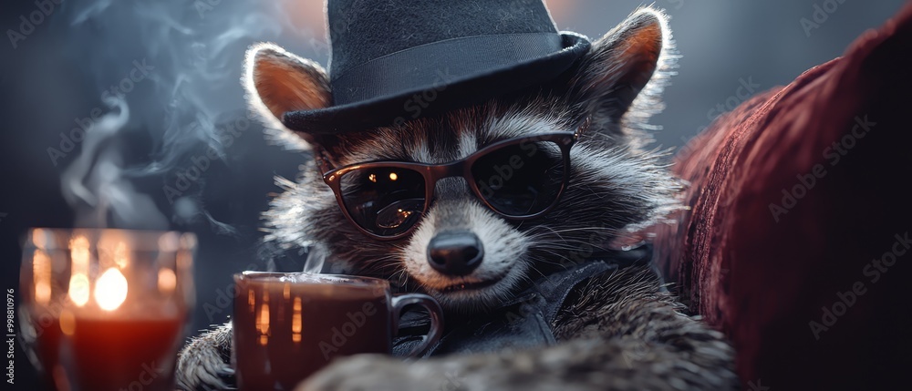 Sticker  A raccoon in sunglasses, a hat, and a top hat sits beside a cup of coffee