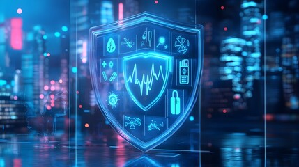 Fototapeta premium Transparent Holographic Shield with Health Icons Representing Futuristic Insurance Coverage in Neon Blue Sci Fi Urban Backdrop