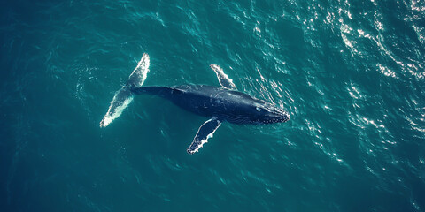 Fototapeta premium Aerial view of a whale swimming through crystal clear ocean waters 