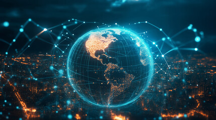 Kula ziemska w połączeniu z futurystycznym miejskim krajobrazem, ukazuje ewolucję biznesu w erze technologii 5G.