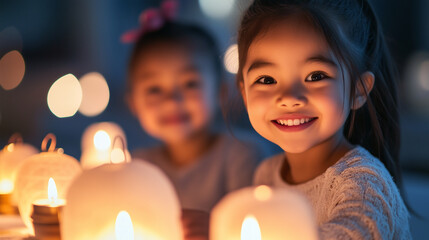 Family blending Thanksgiving traditions with cultural celebrations, such as lighting lanterns or performing rituals, inclusive and joyful, cultural diversity, Thanksgiving, traditi