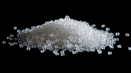 Polymer granules form the base of many industrial plastic products. These isolated homopolymer granules are shown on a black background, highlighting their raw material nature