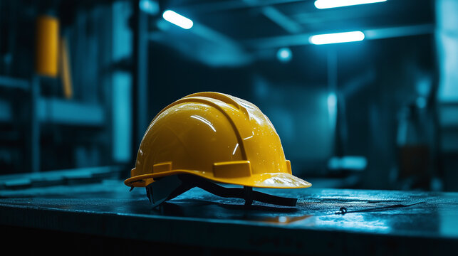 Ż&oacute;łty kask ochronny leży na stole, przyciągając wzrok swoim wyrazistym kolorem