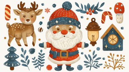 Naklejka premium A charming illustration featuring a jolly Santa Claus and a friendly deer in a festive winter scene.