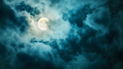 A full moon shines brightly through a layer of thick, dark clouds.
