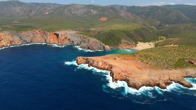 Aerial view on Cala Domestica Beach and landscape around. Sardinia, Italy