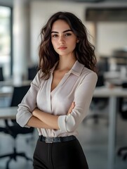 Fototapeta na wymiar młoda kobieta, profesjonalna, biznes, skrzyżowane ręce, pewność siebie, biuro, nowoczesne, smart-casual, korporacyjny, oświetlenie naturalne, elegancka, technologia, komputery, biurka, współczesne biu