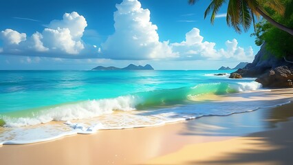 Fototapeta premium Beautiful tropical beach banner. White sand and coco palms travel tourism wide panorama background concept. Amazing beach landscape, Beautiful sunrise over the sea.