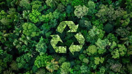 Environmental sustainability, eco friendly practices, recycling symbol Lush green forest canopy with trees surrounding a prominent recycling icon, promoting nature conservation ideals