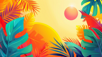 Abstract colorful summer gradient background with tropical beach palm leaves and geometric shapes with circles and lines