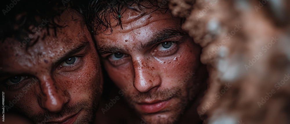 Canvas Prints  Two men, one with freckles gazing at the camera, the other looking on