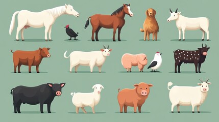 Obraz premium Collection of domestic farm animals including a horse, cow, goat, pig, hen, and shepherd dog in flat style, Farm Animal Set, Rural fauna
