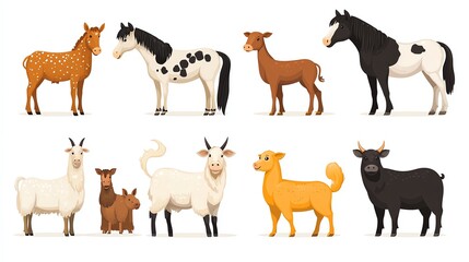Fototapeta premium Collection of farm animals such as a horse, cow, pig, goat, hen, and dog, illustrated in flat style on a white background, Farm Animals, Rural countryside fauna