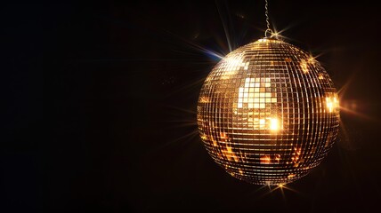 Obraz premium An isolated golden, shiny glitter ball on a black background, copy space for text