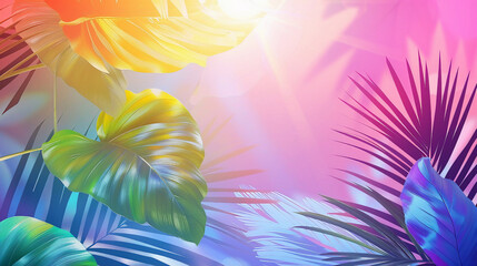 Abstract colorful summer gradient background with tropical beach palm leaves and geometric shapes with circles and lines