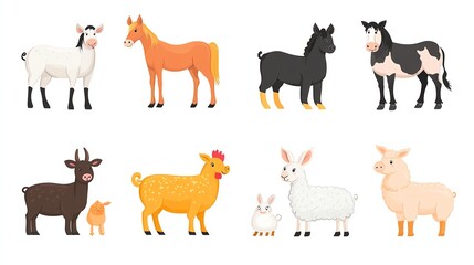 Flat set of rural farm animals like a horse, cow, pig, sheep, chickens, and rabbits, all isolated on a white background, Farm Animals, Countryside fauna collection