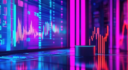 Fototapeta premium A futuristic room with glowing neon lights, displaying various charts and graphs on a large screen.