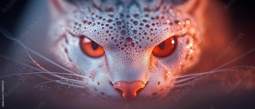 Sticker  A tight shot of a cat's face, adorned with droplets of water