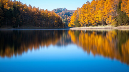 Fototapeta premium Reflection of autumn trees in a calm lake, mirror-like water capturing the vivid colors, serene atmosphere, autumn landscape, fall foliage, lake, reflection