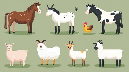 Set of farm animals in flat style including a horse, cow, pig, goat, sheep, and chickens, Farm Animals Collection, Rural domestic livestock