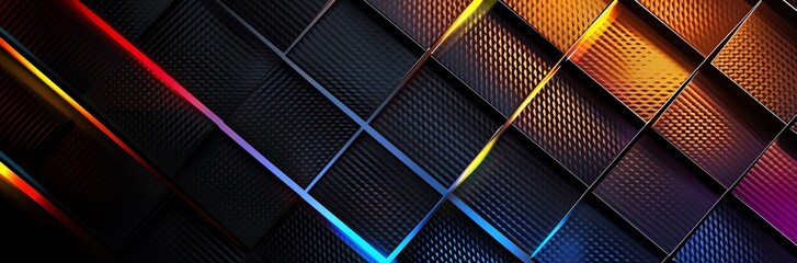 A 3D graphic illustration of a vector style background/ backdrop/ screensaver. black textured tile panels with multi coloured neon lights shining through