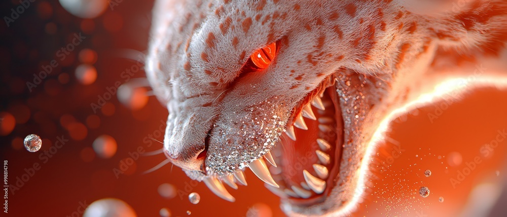 Poster  A cat up close, mouth agape, body speckled with water droplets against a bold red backdrop