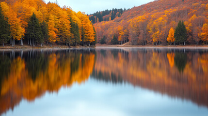 Obraz premium Reflection of autumn trees in a calm lake, mirror-like water capturing the vivid colors, serene atmosphere, autumn landscape, fall foliage, lake, reflection