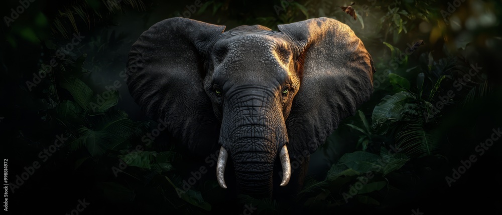 Canvas Prints  An elephant, sporting tusks, stands amidst a jungle, surrounded by trees and verdant plants