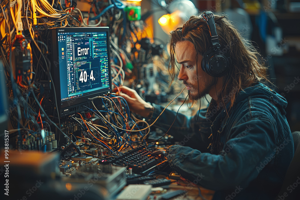 Poster a tech worker at a computer surrounded by endless wires and cables, struggling to untangle themselve