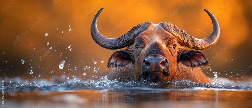 Sticker  A tight shot of a bull submerged in water, horns protruding from its face