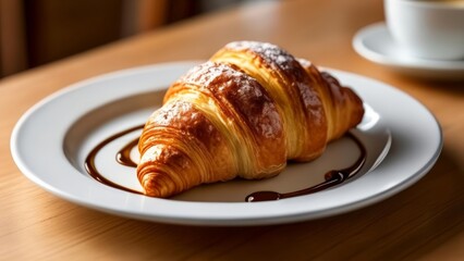  Deliciously flaky croissant with chocolate sauce ready to be savored