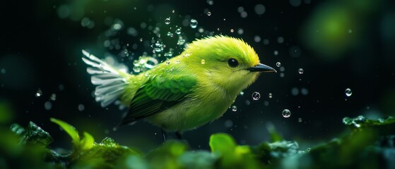  A tiny green bird perches atop a lush, verdant leaf in a forest teeming with dewdrops against a backdrop of unadorned black