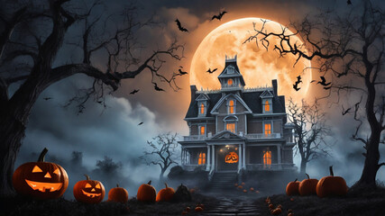 A Halloween night scene with pumpkins and a house with a full moon behind it.