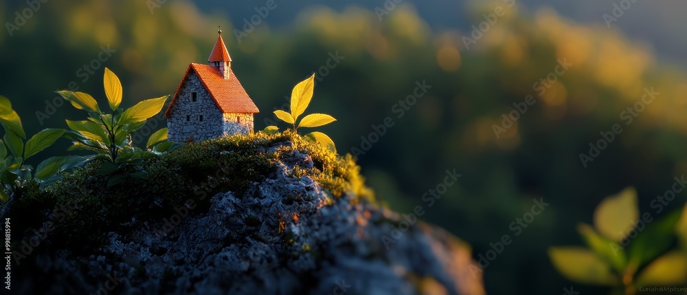 Canvas Prints  A small house perched atop a rock, surrounded by trees in the foreground, with a mountain and its background of trees beyond