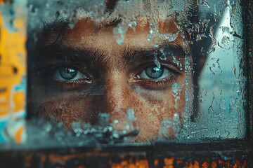 A sparkling, clean window reflects the face of a person staring out at a crumbling, graffiti-covered wall.