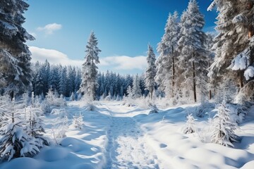 A peaceful winter scene with a snow-covered path through a forest of tall trees under a bright sky