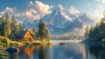 Fototapeta premium Scenic Mountain Cabin by the Lake