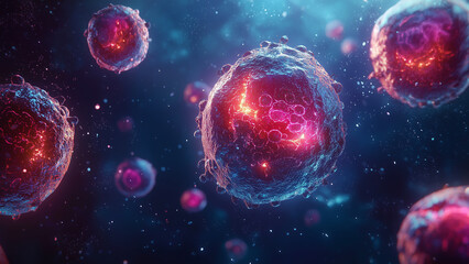 Fototapeta premium Stem cell secrete exosomes and other secretome - cells, biology, science, microscopic, organism, nucleus, microbiology, cell division, cellular structure, medical, microscopic view, molecular