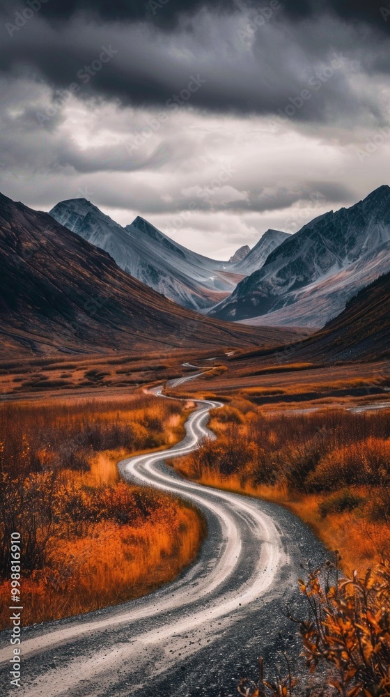 Poster a winding road in the middle of a desert with mountains in the background
