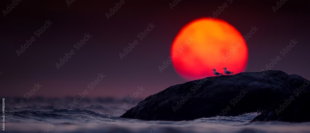 Sticker  Two birds perch atop a large rock, centered in a tranquil body of water A vibrant red sun sets behind them