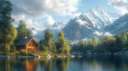 Fototapeta premium Cabin in the Mountains by the Lake