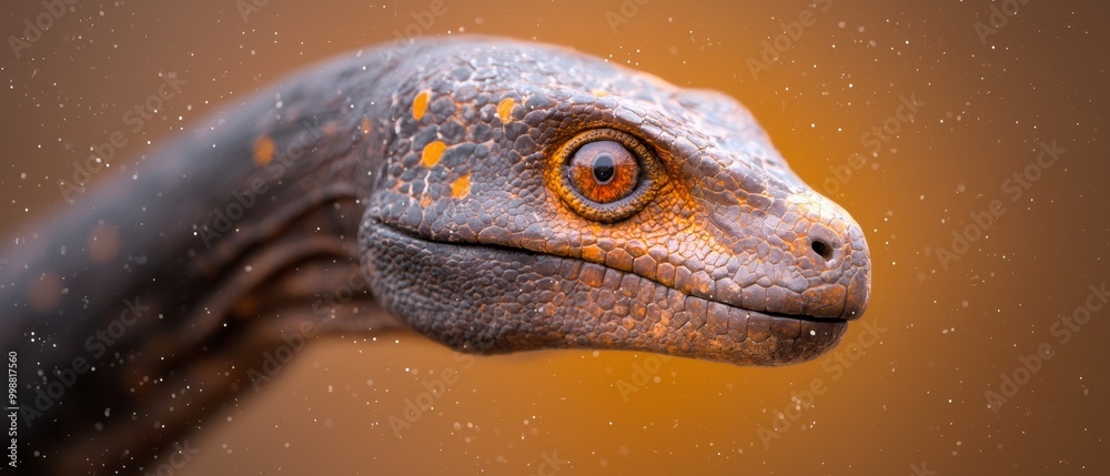 Sticker  A detailed shot of a dinosaur's head, featuring a yellow marking on its face against a brown backdrop